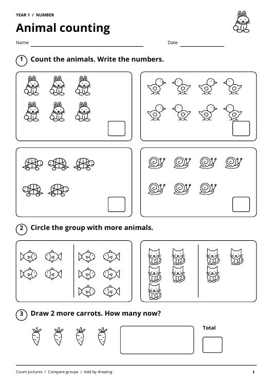 Free Animal counting sample worksheet with black-and-white pictures